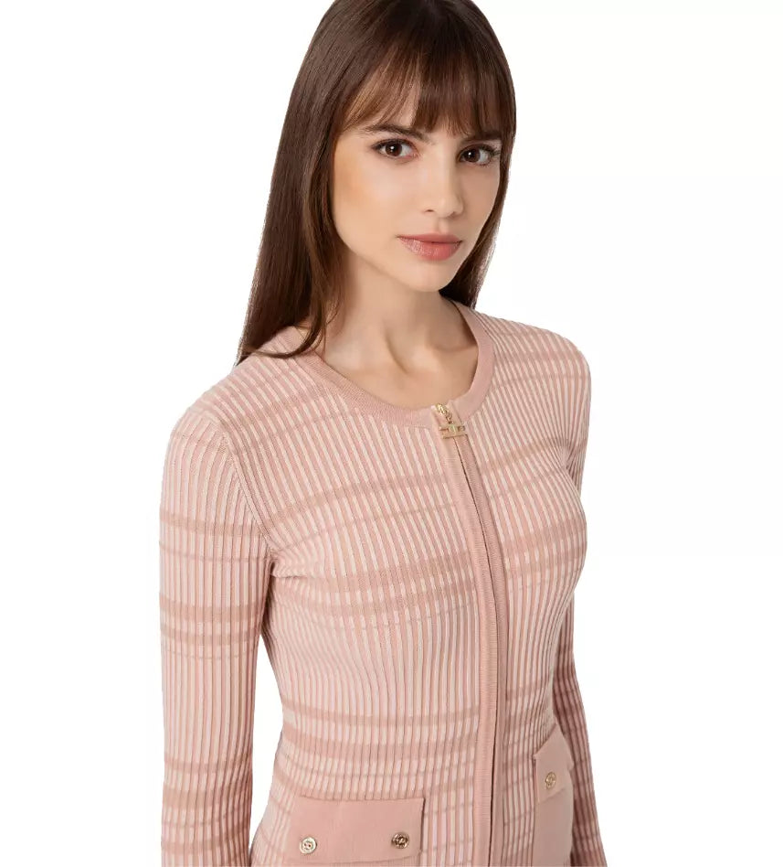 Elisabetta Franchi Chic Ribbed Crew-Neck Cardigan with Golden Accents