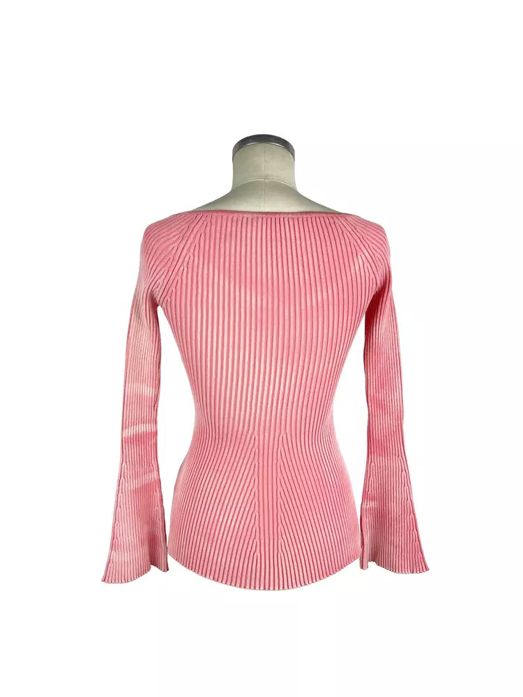 Elisabetta Franchi Peony Pink Long-Sleeved Ribbed V-Neck Sweater