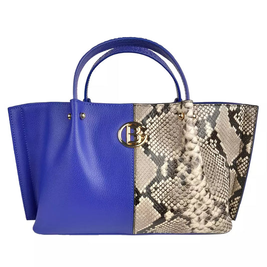 Baldinini Trend Chic Blue Calfskin Handbag with Python Print Detail