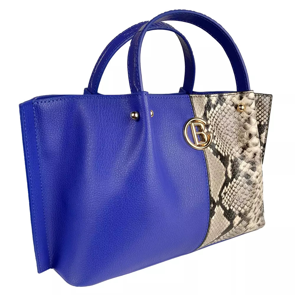 Baldinini Trend Chic Blue Calfskin Handbag with Python Print Detail