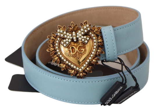 Dolce & Gabbana Elegant Blue Leather Belt with Engraved Buckle