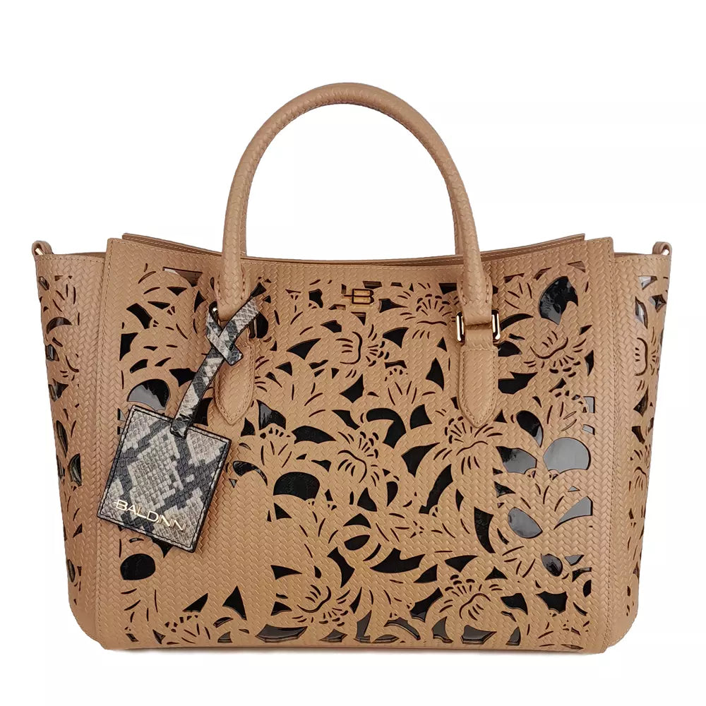 Baldinini Trend Nude Calfskin Floral Laser-Cut Handbag