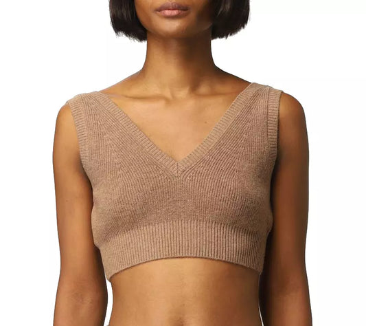 PINKO V-Neck Ribbed Wool Blend Top in Brown