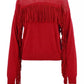 PINKO Perforated Crew-Neck Red Sweater with Fringe Detail