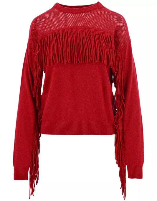 PINKO Perforated Crew-Neck Red Sweater with Fringe Detail