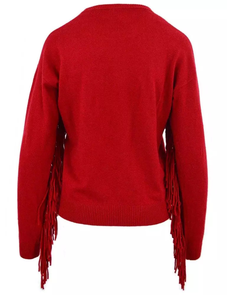 PINKO Perforated Crew-Neck Red Sweater with Fringe Detail