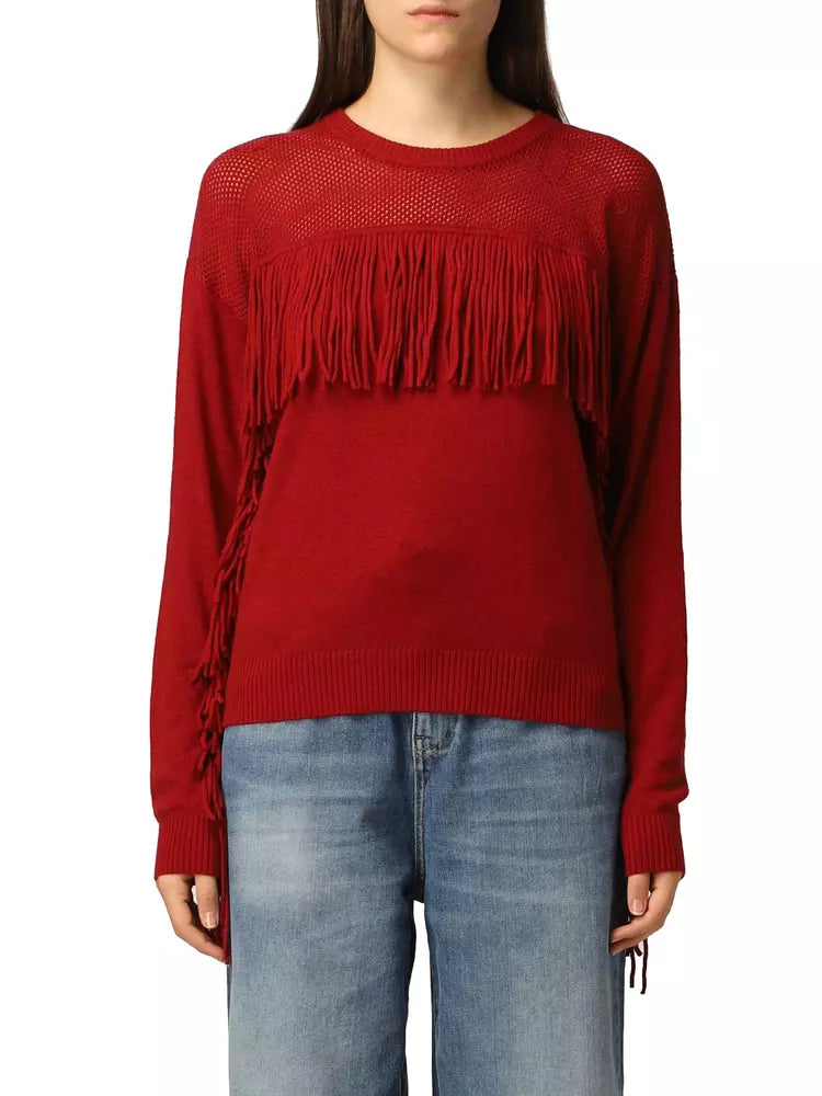 PINKO Perforated Crew-Neck Red Sweater with Fringe Detail