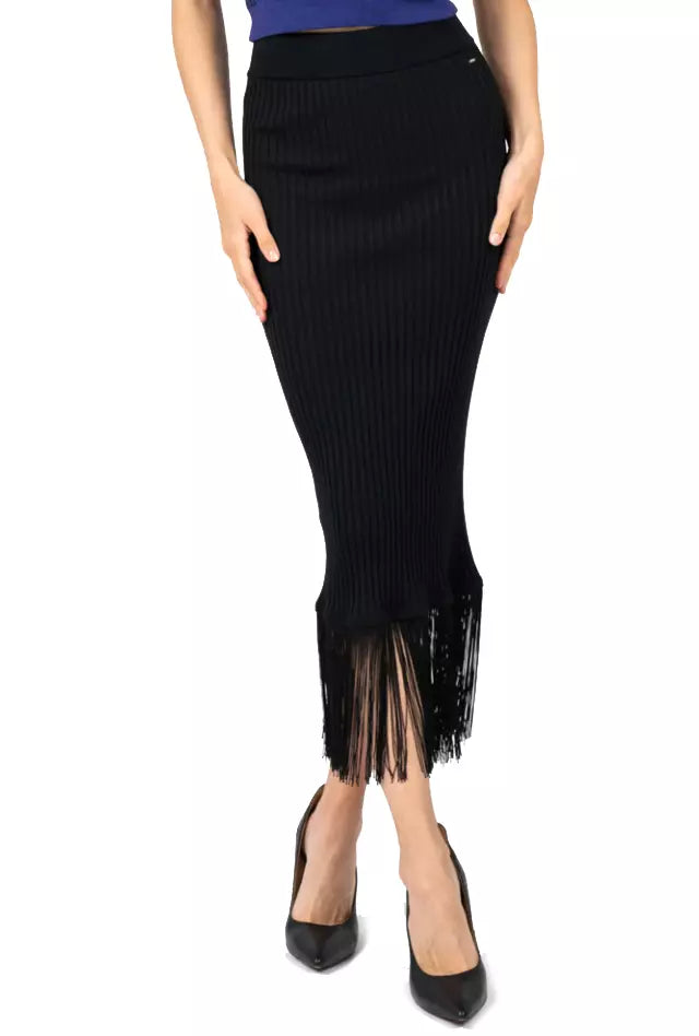 PINKO Chic Ribbed-Fringe Pencil Skirt in Black