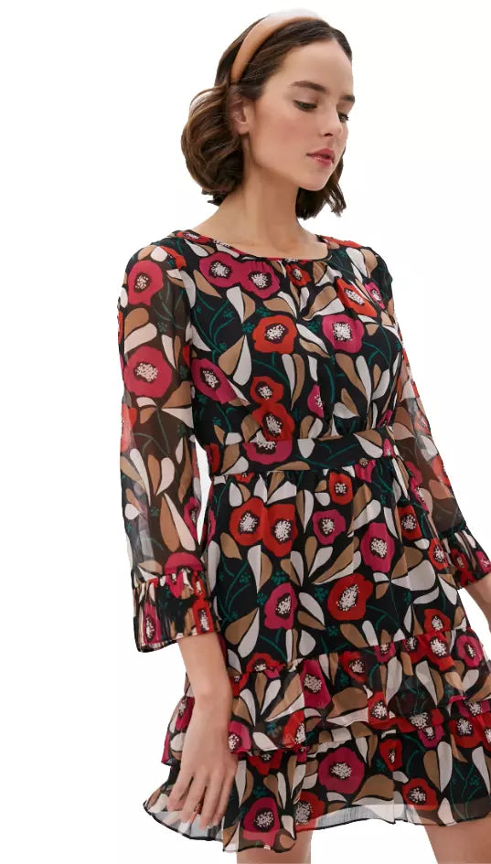 Twinset Multicolor Floral Crepe Midi Dress with Ribbon Waist