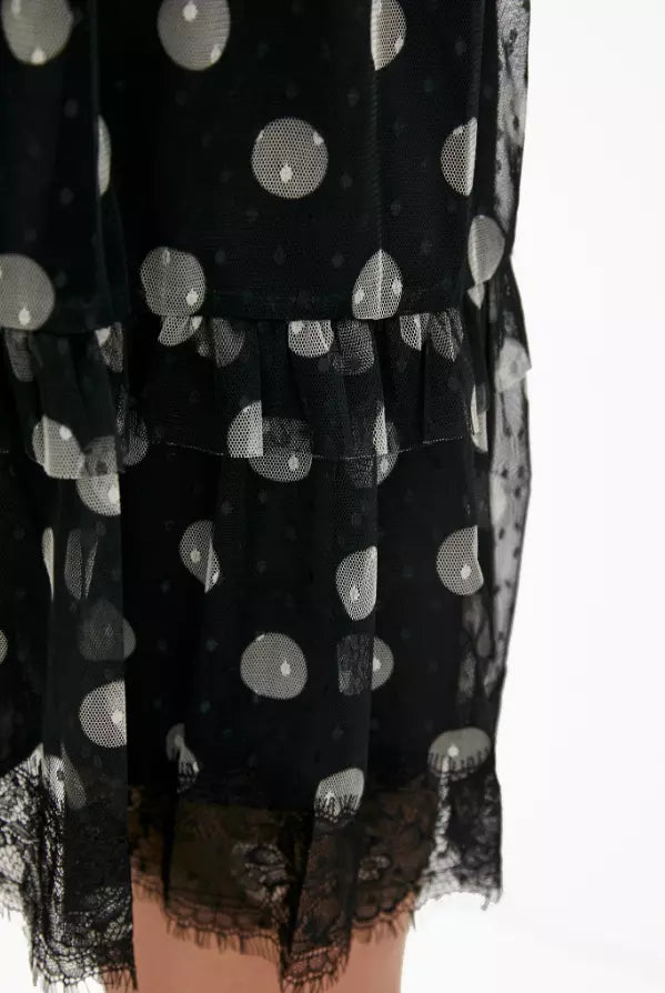 Twinset Polka Dot Tulle Midi Dress with Lace Details