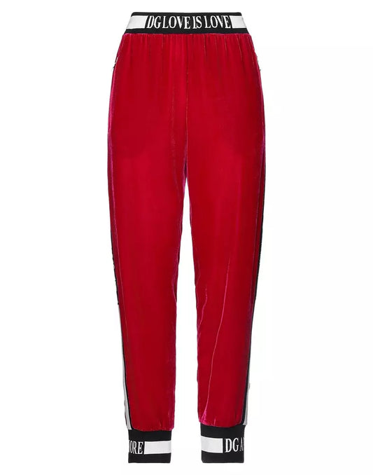 Dolce & Gabbana Wine Red Velvet Pants with Contrast Logo Band