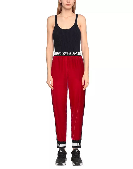 Dolce & Gabbana Wine Red Velvet Pants with Contrast Logo Band