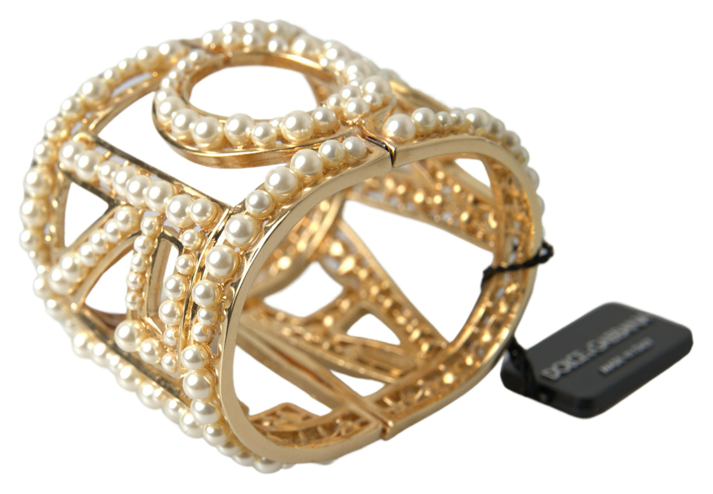 Dolce & Gabbana Elegant Gold Cuff with AMORE & Faux Pearls