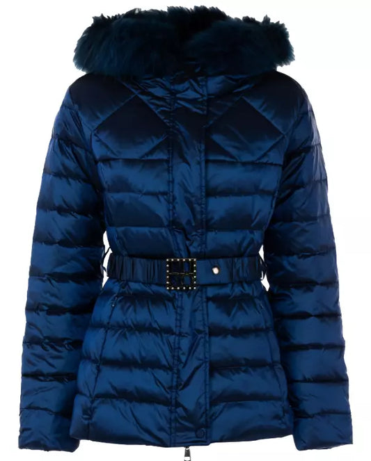 Liu Jo Chic Blue Short Down Jacket with Eco-Fur Hood