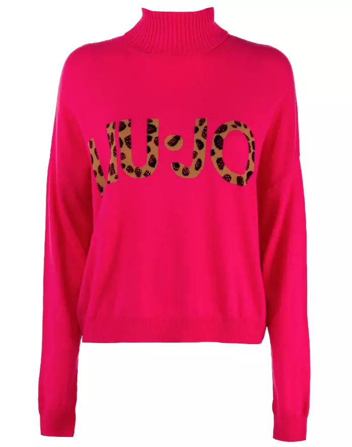 Liu Jo Fuchsia Turtleneck Sweater with Rhinestone Details