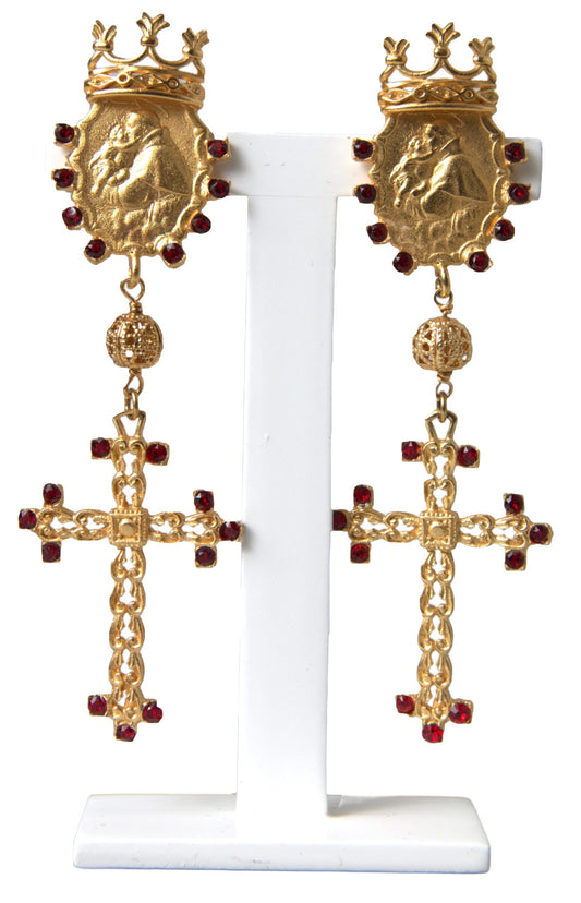 Dolce & Gabbana Regal Gold Cross & Crown Clip Earrings