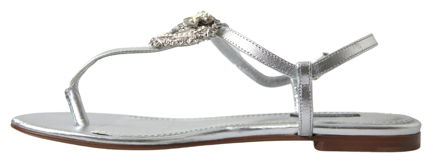 Dolce & Gabbana Elegant Silver Flat Sandals with Heart Detail