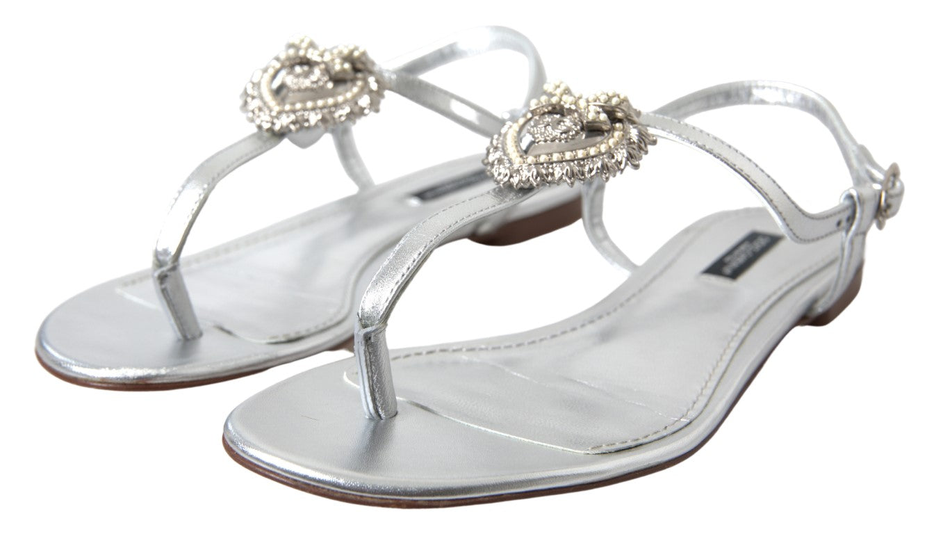 Dolce & Gabbana Elegant Silver Flat Sandals with Heart Detail