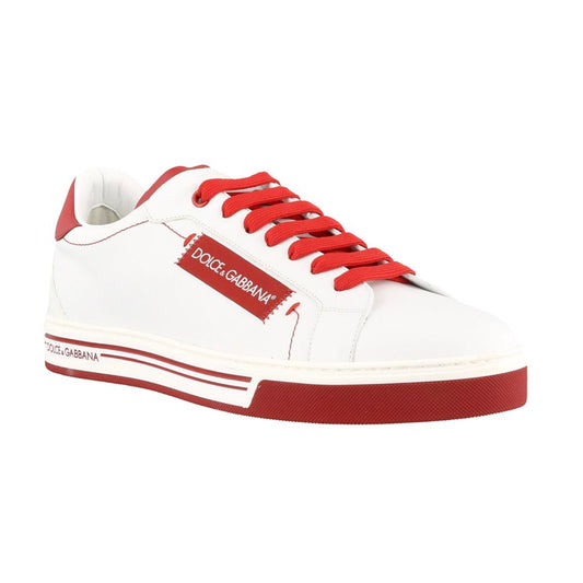 Dolce & Gabbana Chic White Calfskin Leather Sneakers with Red Accents