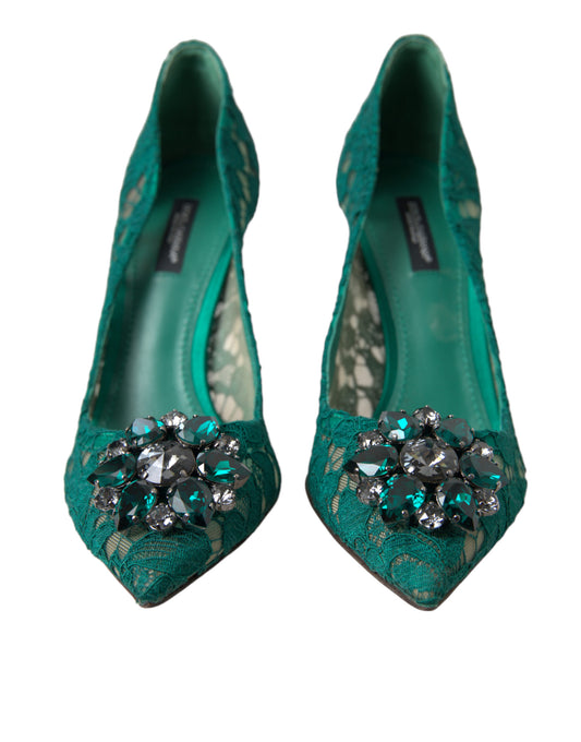 Dolce & Gabbana Elegant Green Crystal-Embellished Lace Heels