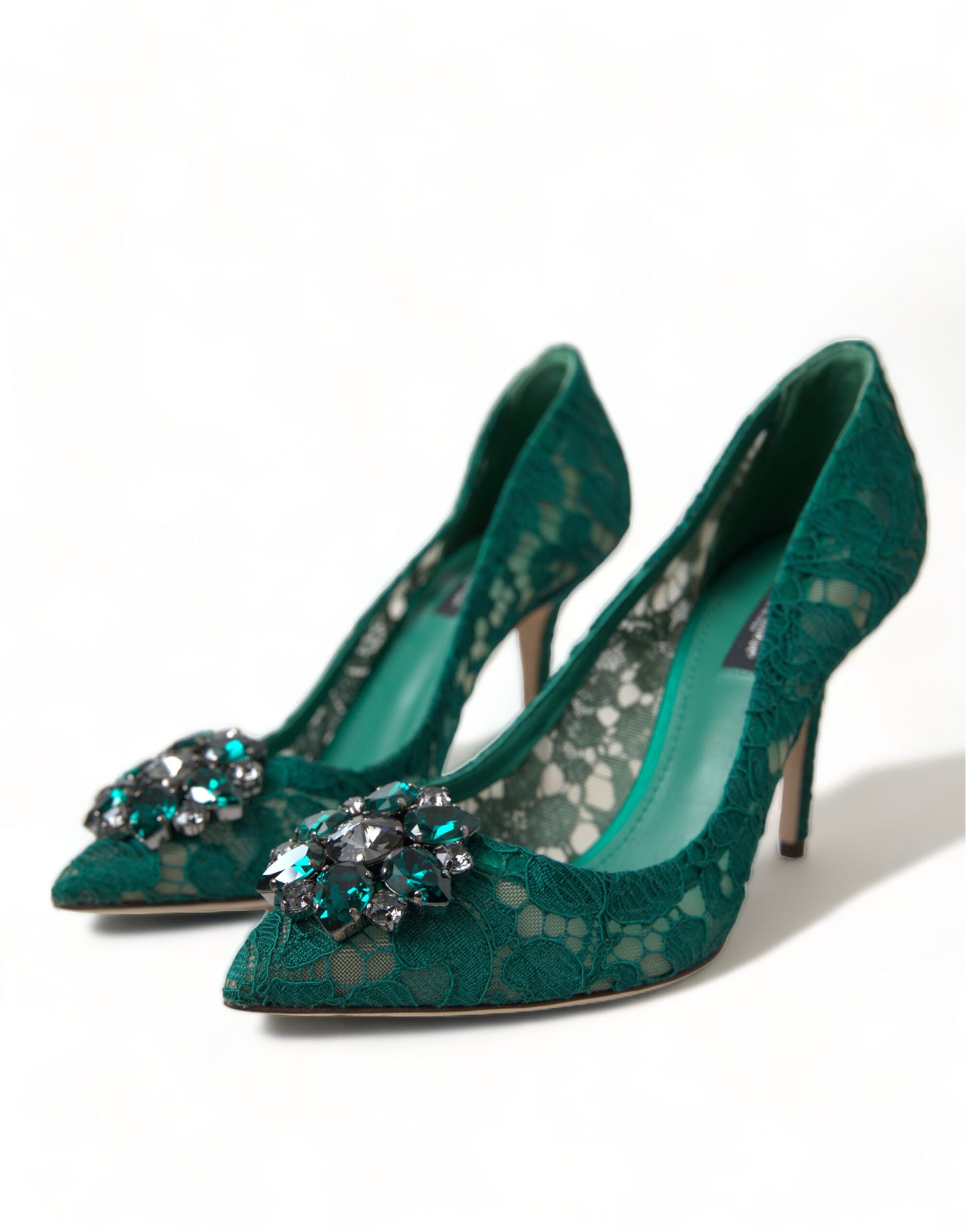 Dolce & Gabbana Elegant Green Crystal-Embellished Lace Heels