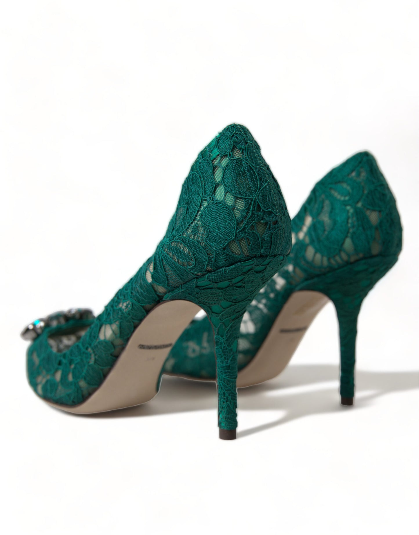 Dolce & Gabbana Elegant Green Crystal-Embellished Lace Heels