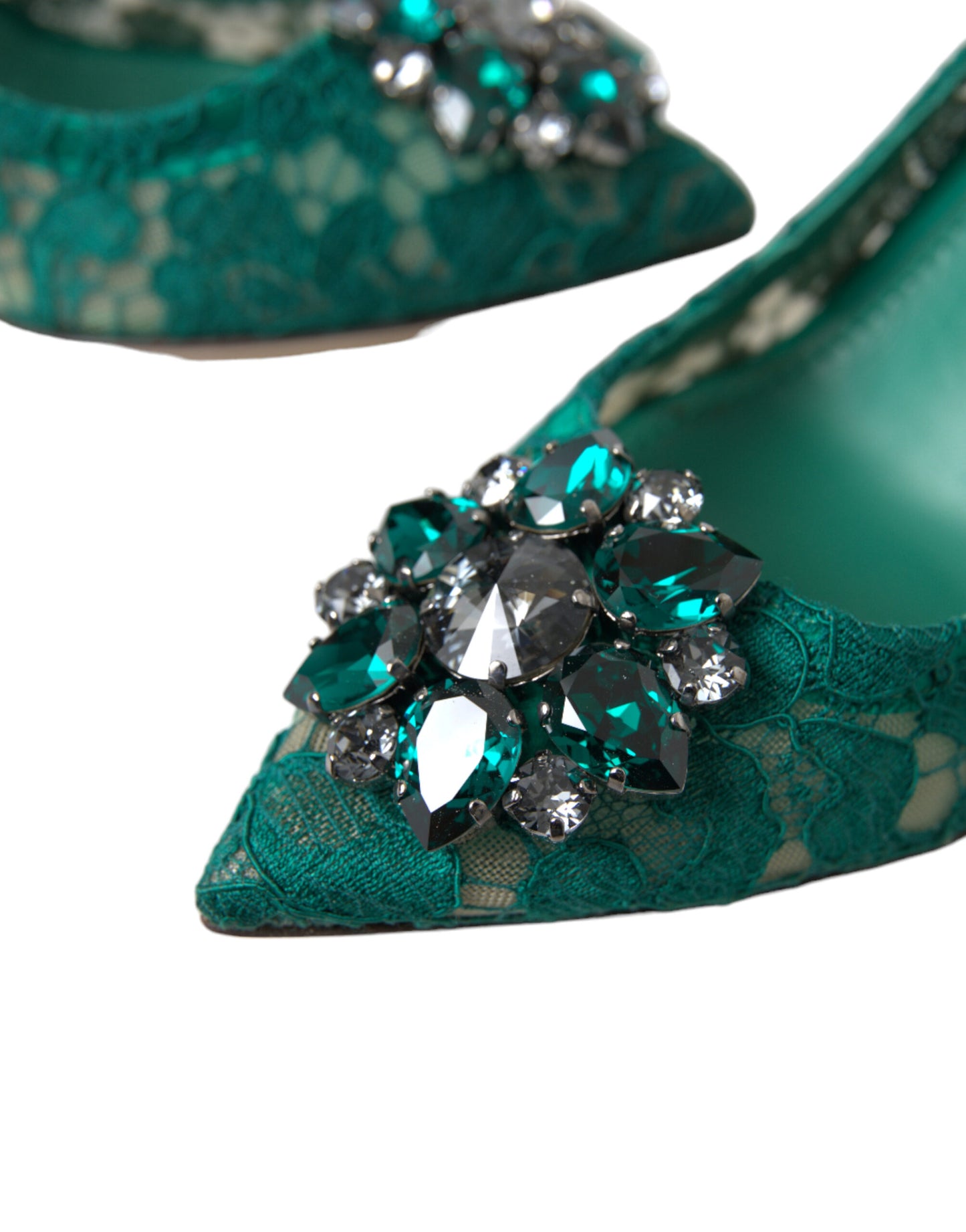 Dolce & Gabbana Elegant Green Crystal-Embellished Lace Heels