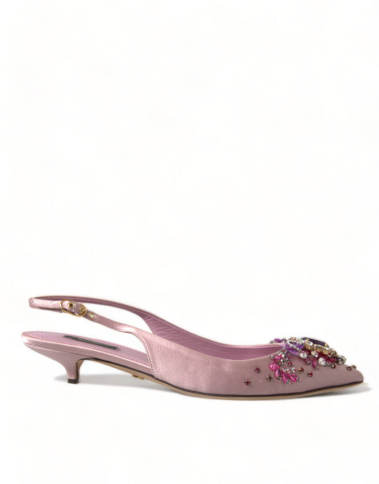 Dolce & Gabbana Pink Crystal Embellished Silk Slingback Heels