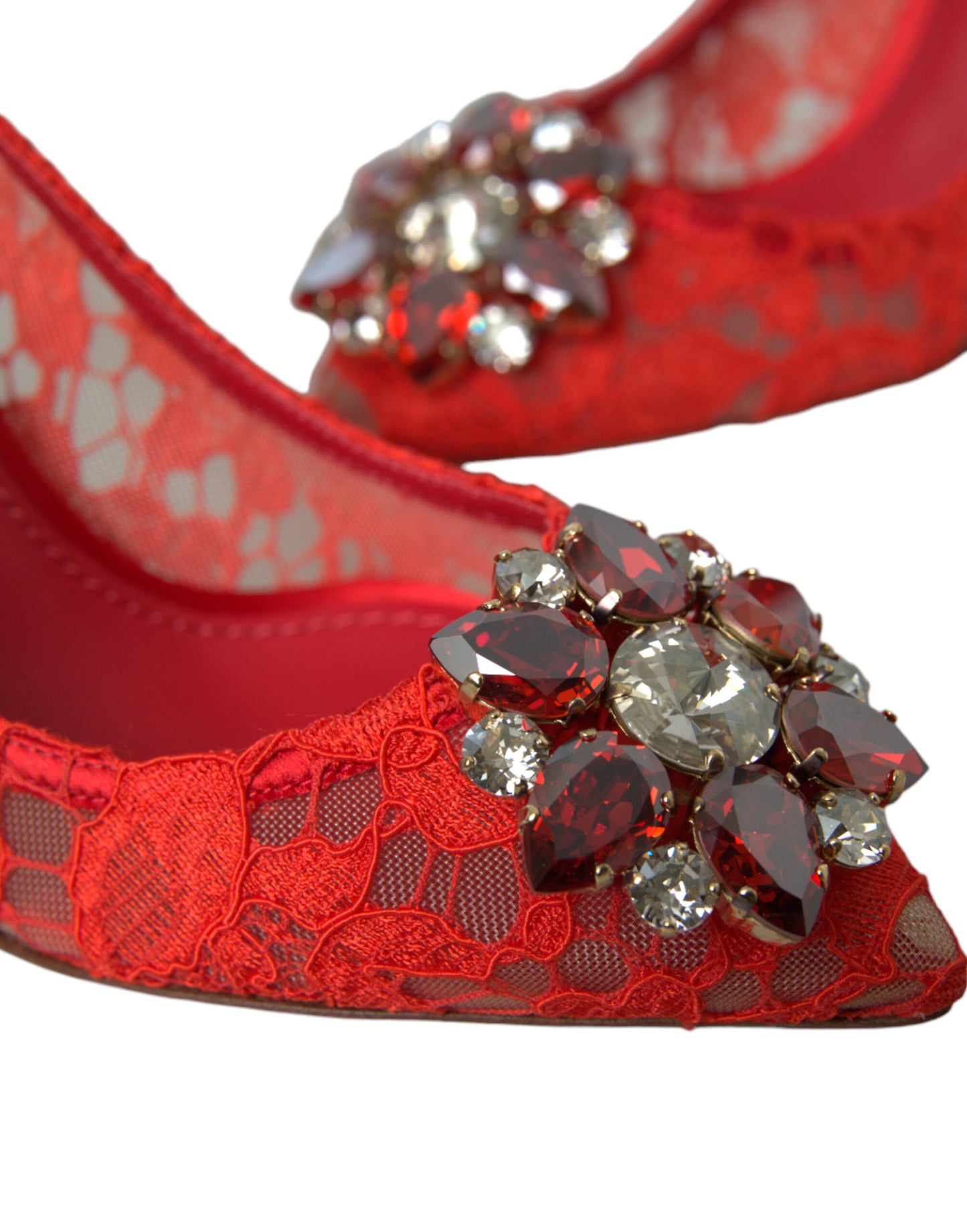 Dolce & Gabbana Exquisite Crystal-Embellished Red Lace Heels