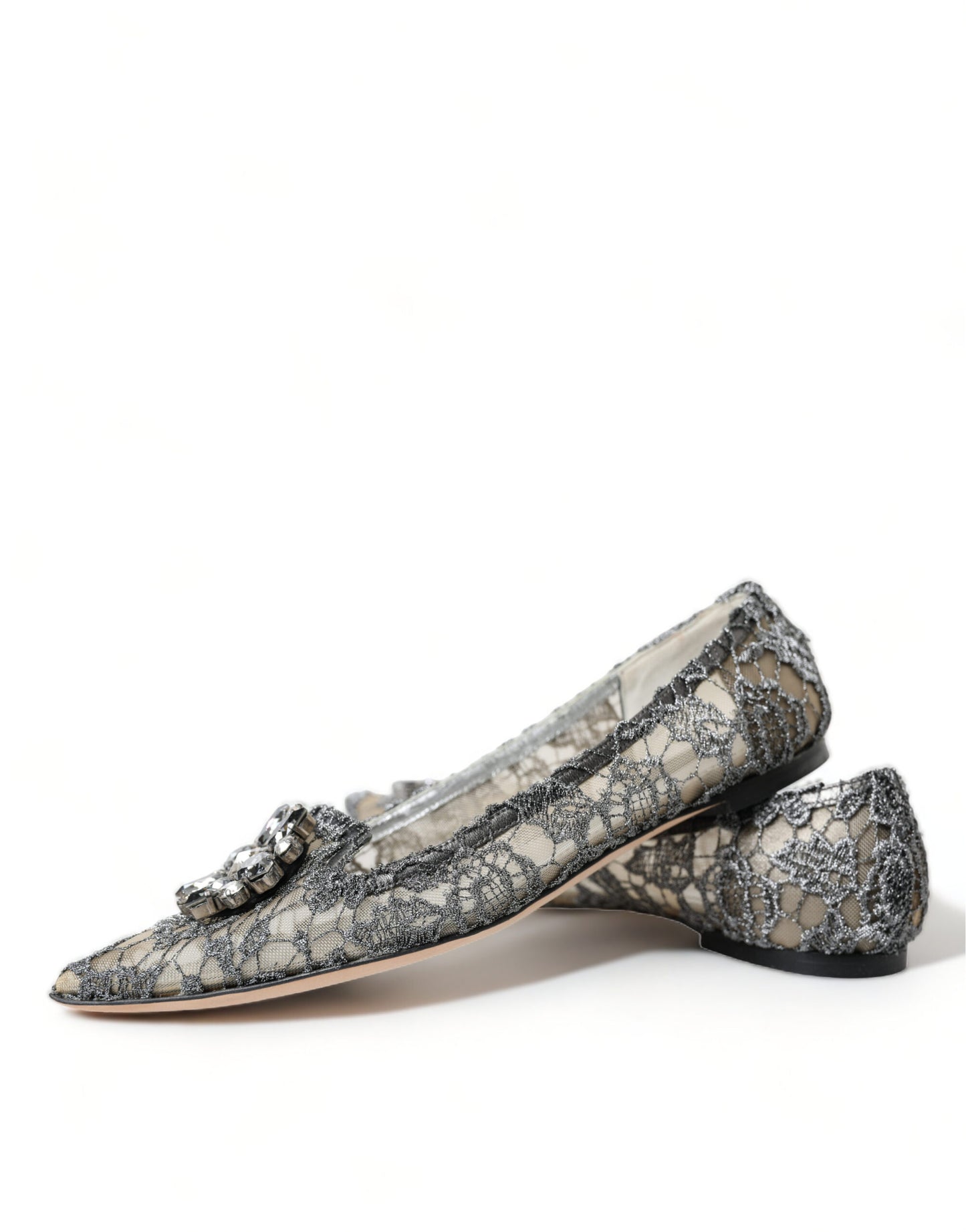 Dolce & Gabbana Elegant Silver Floral Lace Flat Shoes