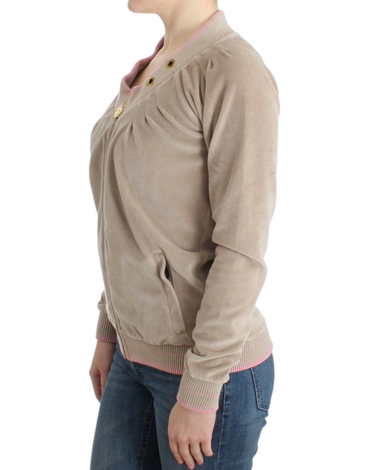 Cavalli Beige Zip Cardigan with Gold Tone Accents