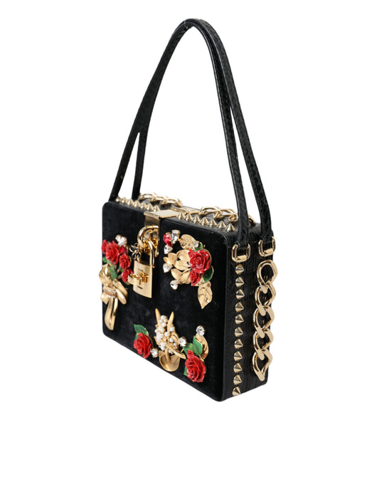 Dolce & Gabbana Elegant Black Velvet Box Bag with Gold Hardware