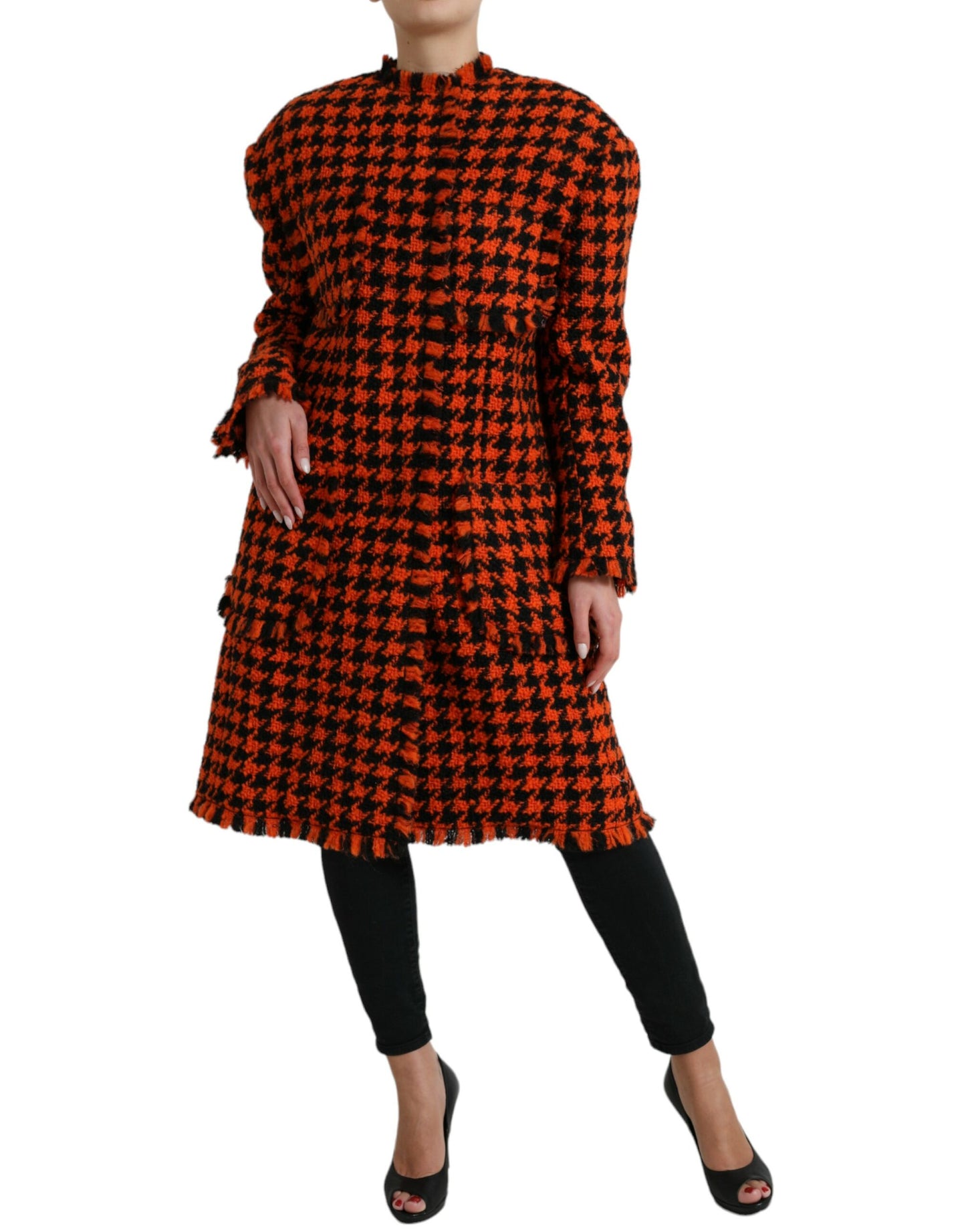 Dolce & Gabbana Elegant Houndstooth Long Coat in Vibrant Orange