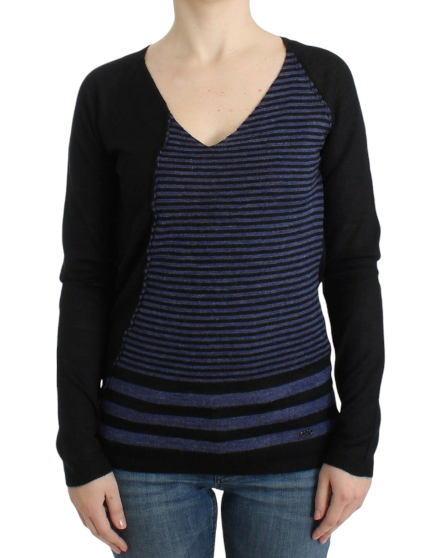 Costume National Chic Striped V-Neck Wool Blend Sweater