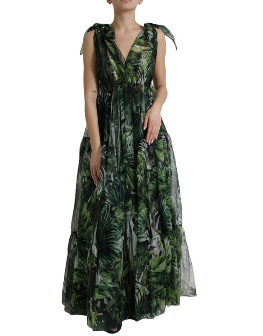 Dolce & Gabbana Elegant Green Silk Maxi Dress with Flocked Leaf Detail