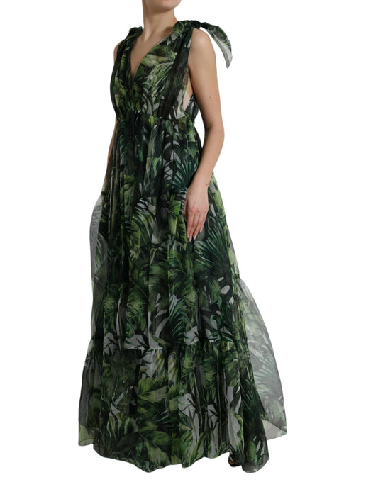 Dolce & Gabbana Elegant Green Silk Maxi Dress with Flocked Leaf Detail