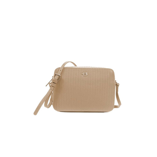 Baldinini Trend Chic Beige Calfskin Camera Bag with Woven Motif