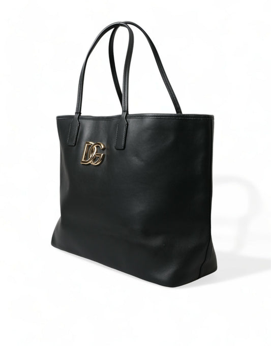 Dolce & Gabbana Elegant Black Leather Tote with Gold Detailing