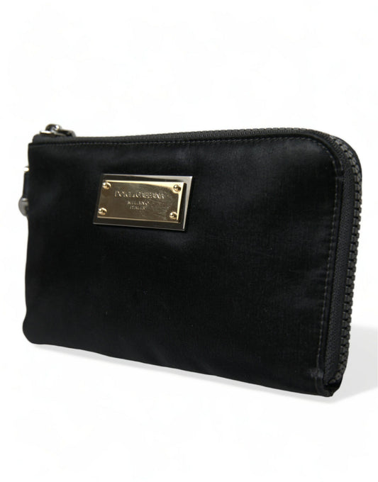 Dolce & Gabbana Elegant Black Nylon Leather Pouch with Silver Details