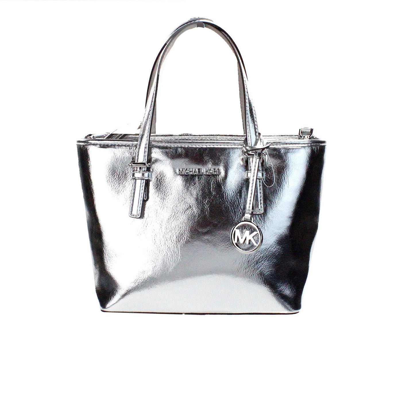 Michael Kors Jet Set Silver Metallic XS Carryall Top Zip Tote Bag Purse