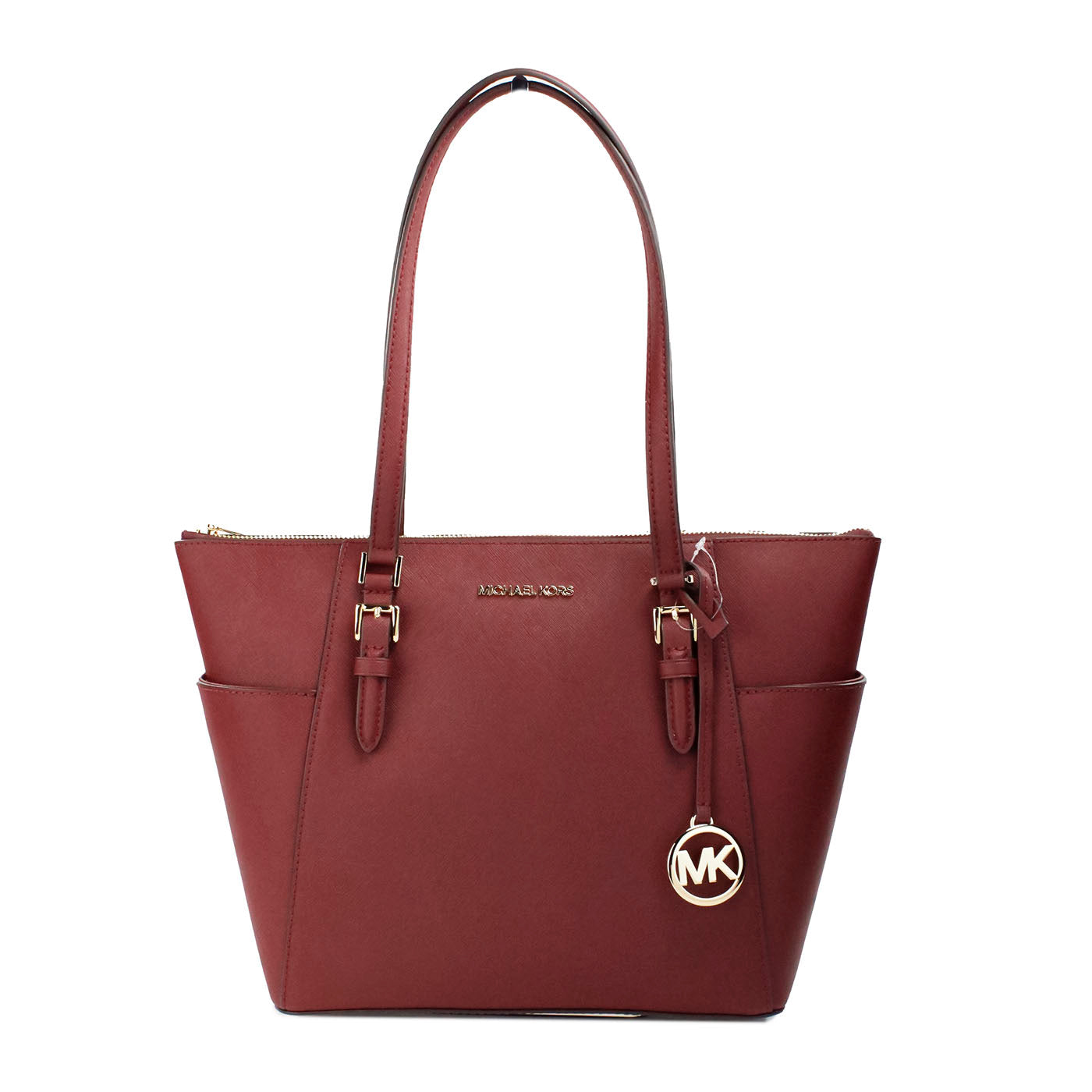 Michael Kors Charlotte Dark Cherry Large Leather Top Zip Tote Bag Purse