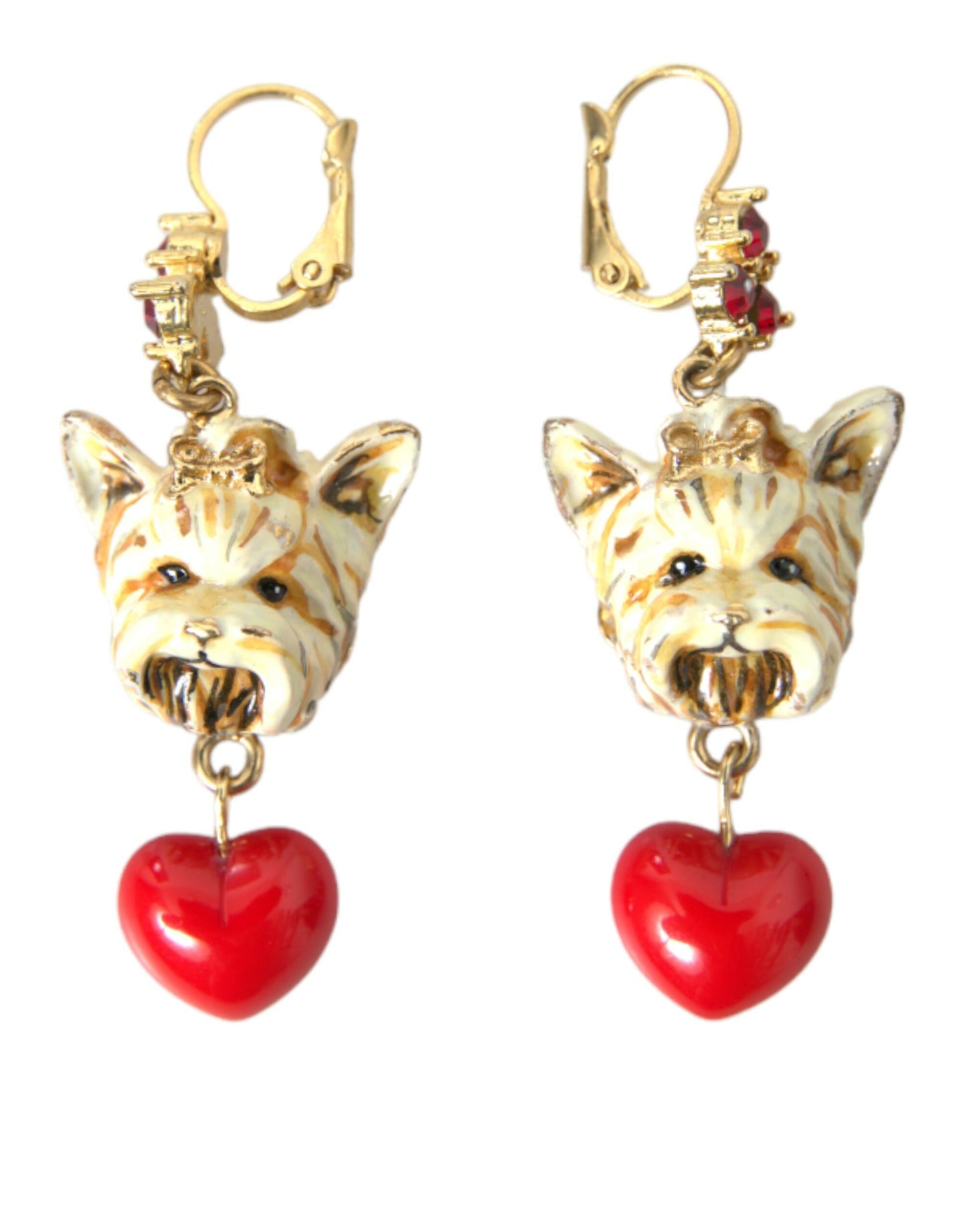 Dolce & Gabbana Gold Brass Heart Dog Red Crystal Dangling Earrings