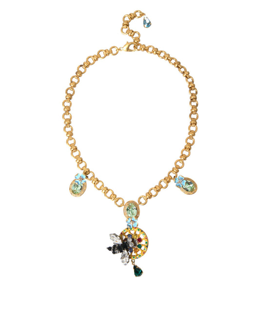 Dolce & Gabbana Gold Brass Chain Crystal Bee Pendant Charm Necklace