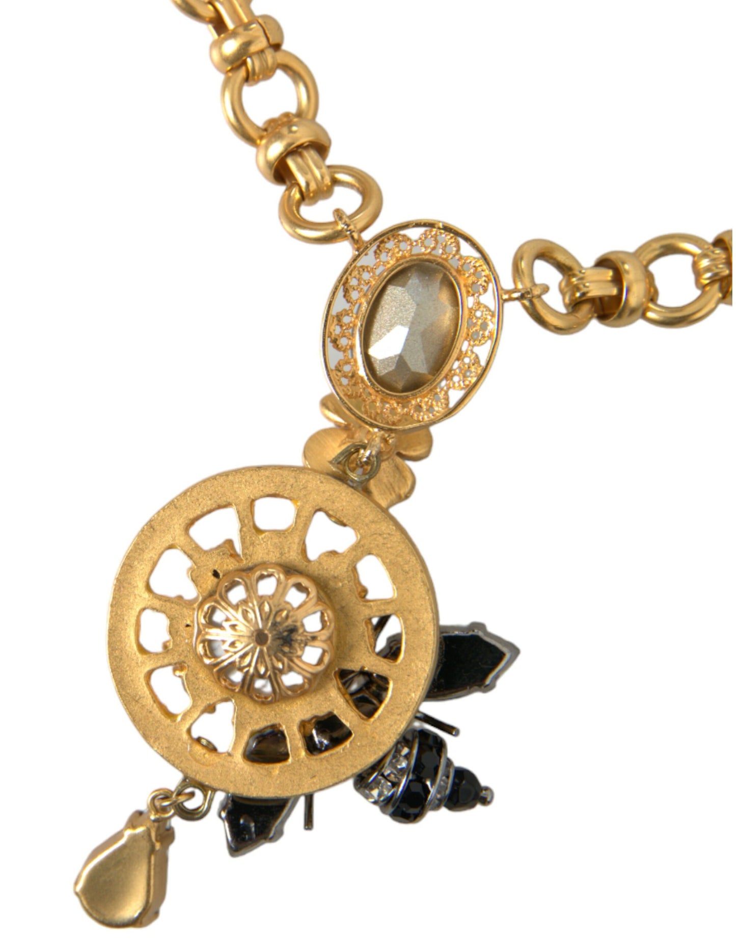 Dolce & Gabbana Gold Brass Chain Crystal Bee Pendant Charm Necklace