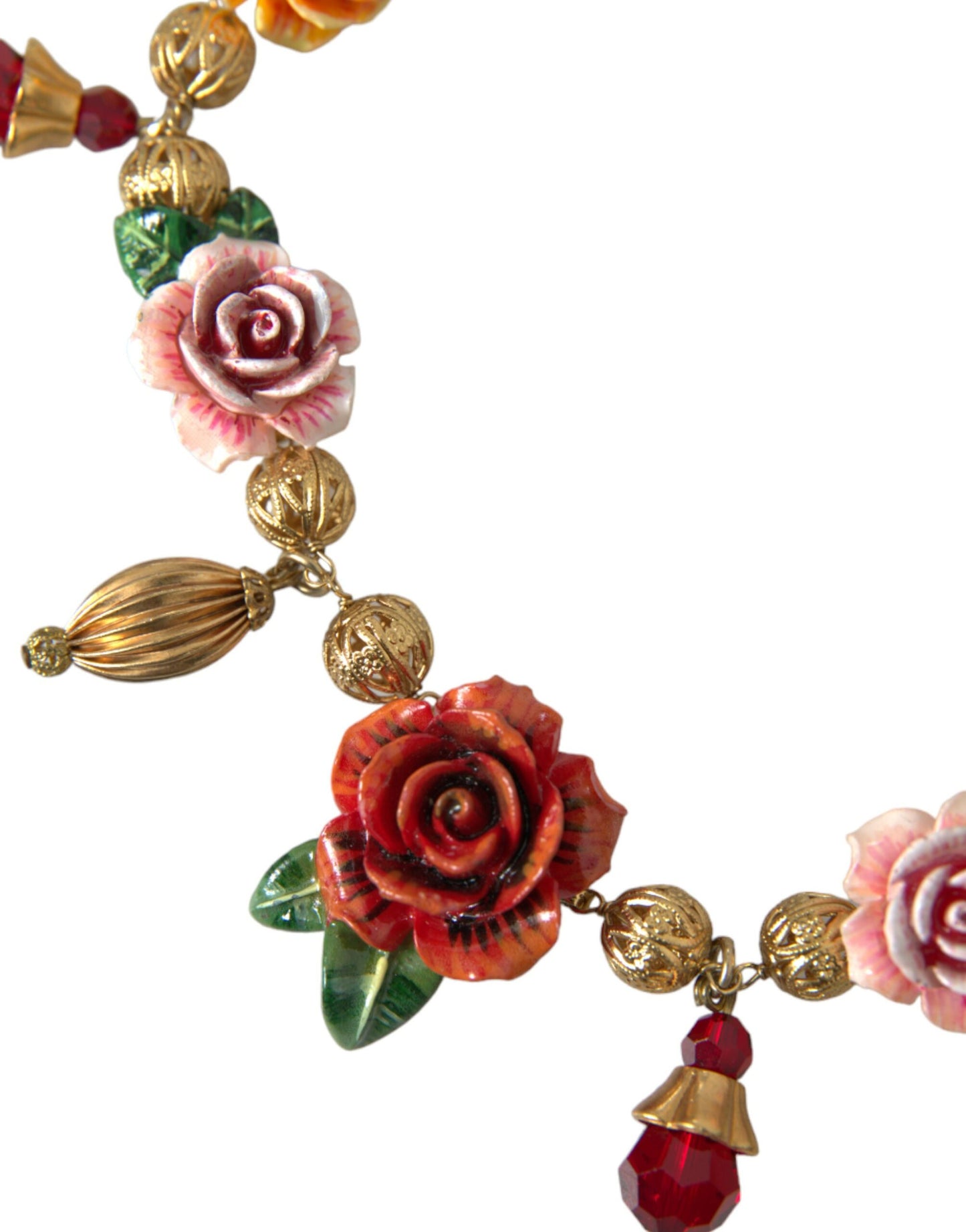 Dolce & Gabbana Multicolor Roses Crystals Gold Ball Chain Necklace