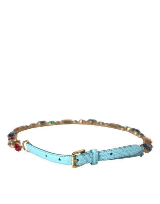 Dolce & Gabbana Light Blue Leather Crystal Chain Waist Belt