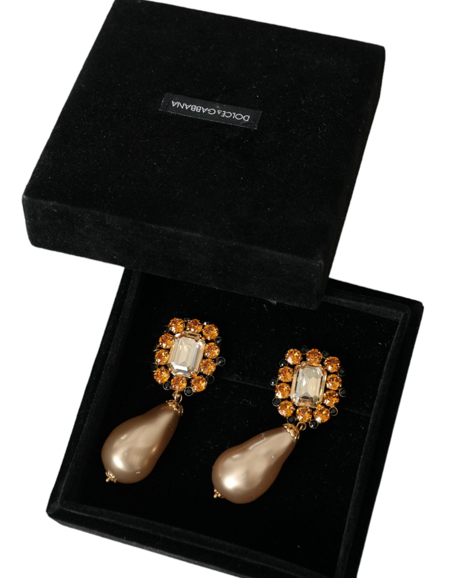 Dolce & Gabbana Gold Brass Crystal Faux Pearl Clip On Dangling Earrings