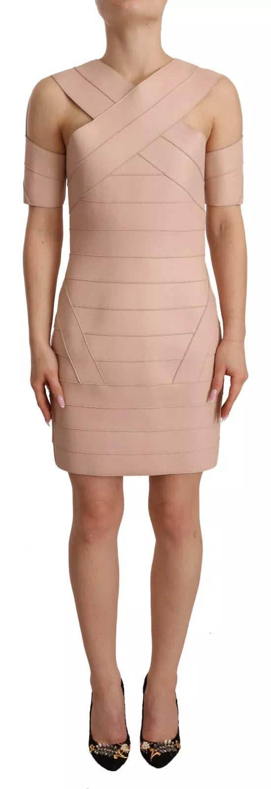 Dsquared² Beige Leather Open Shoulder Sheath Mini Dress