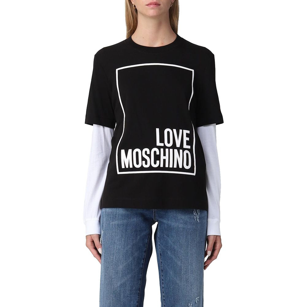 Love Moschino Elegant Black Cotton Tee with Faux-Leather Logo