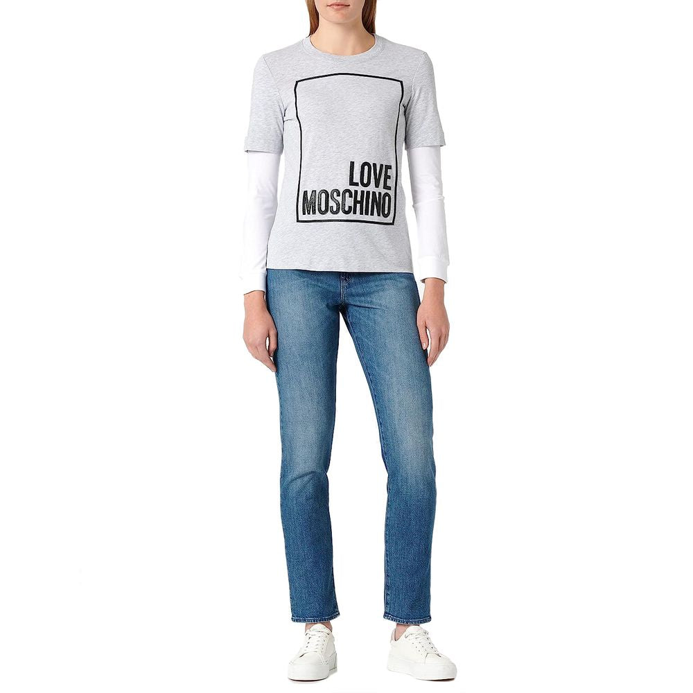 Love Moschino Chic Gray Long-Sleeved Cotton Tee with Logo